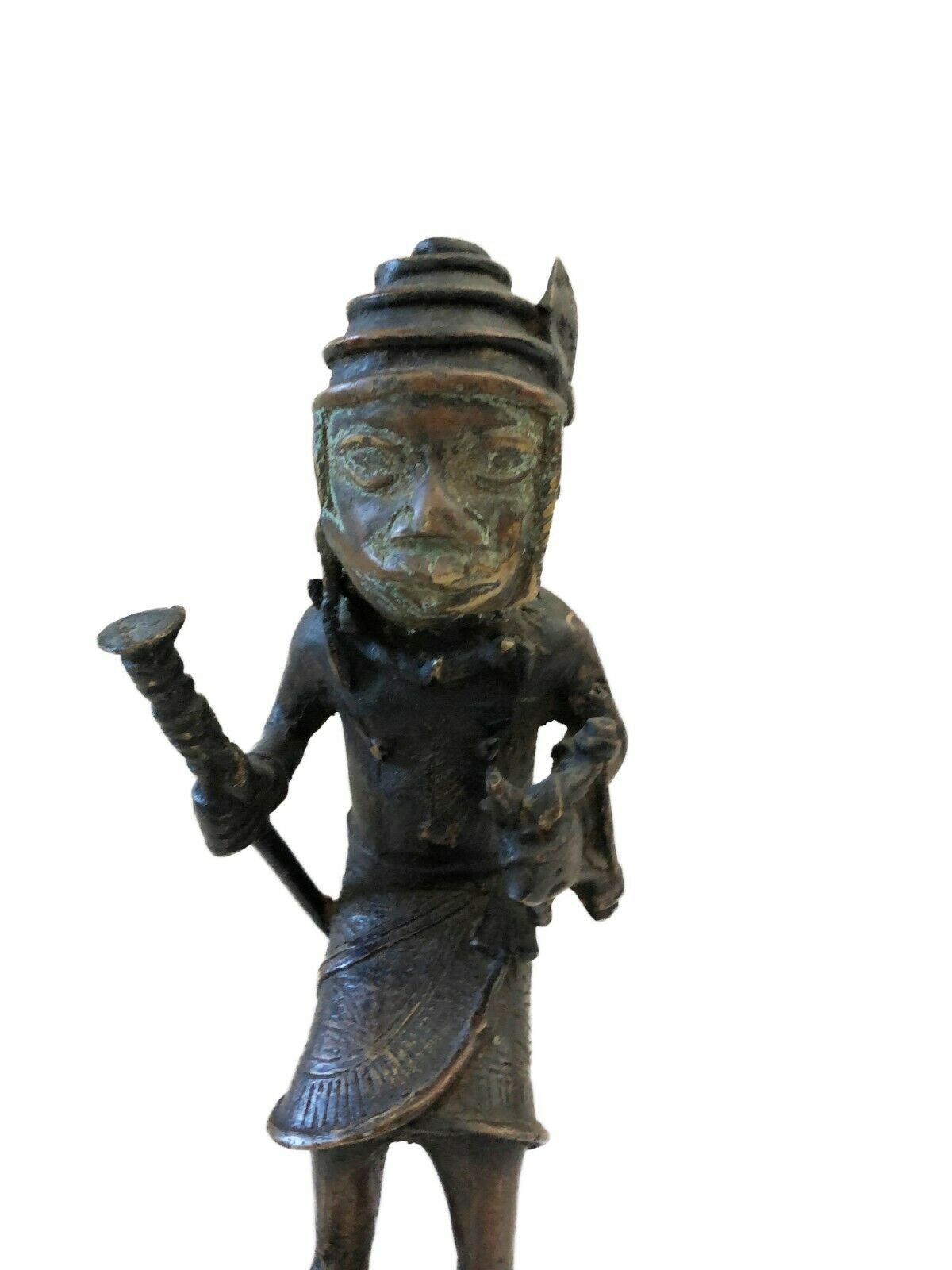 #90 Benin Bronze Oba King Soldier Musician Nigeria African 9" H by 5.25"