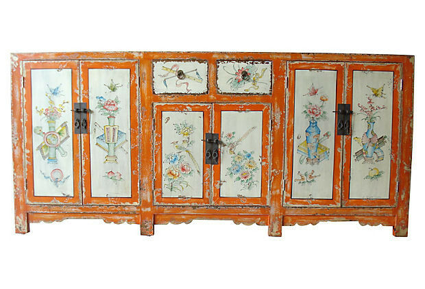 #2155 Superb Mongolian hand painted Elm Cabinet W/ Six Doors