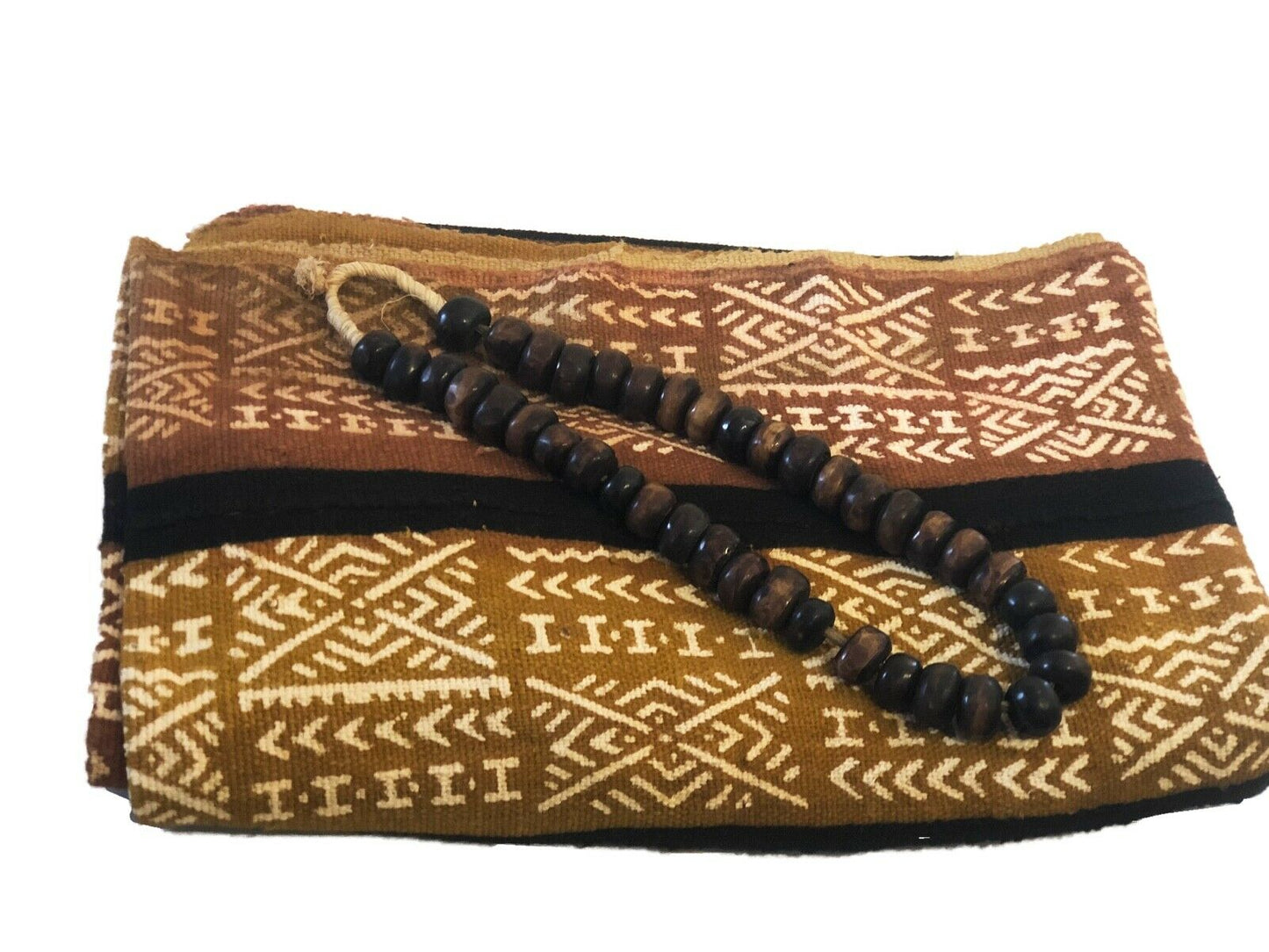 Superb Bogolan Mali Mud Cloth Textile W/ Bone Trade Beads 40" by 60" # 295