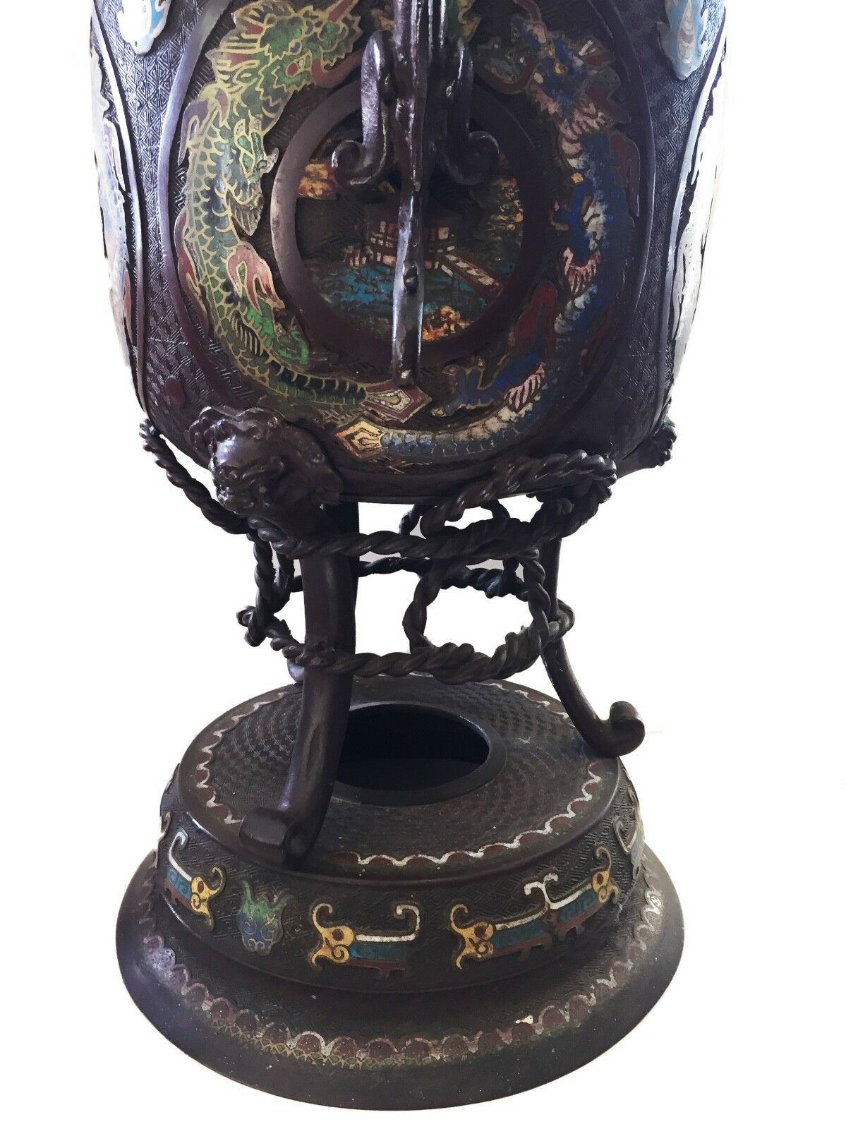 #1129 Superb 19th c Asian Enamel bronze Incense Burner w/Foo Dog 28" H