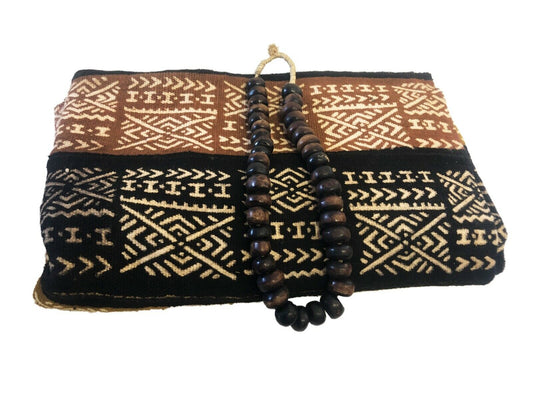 Superb Bogolan Mali Mud Cloth Textile W/ Bone Trade Beads 40" by 60" # 295