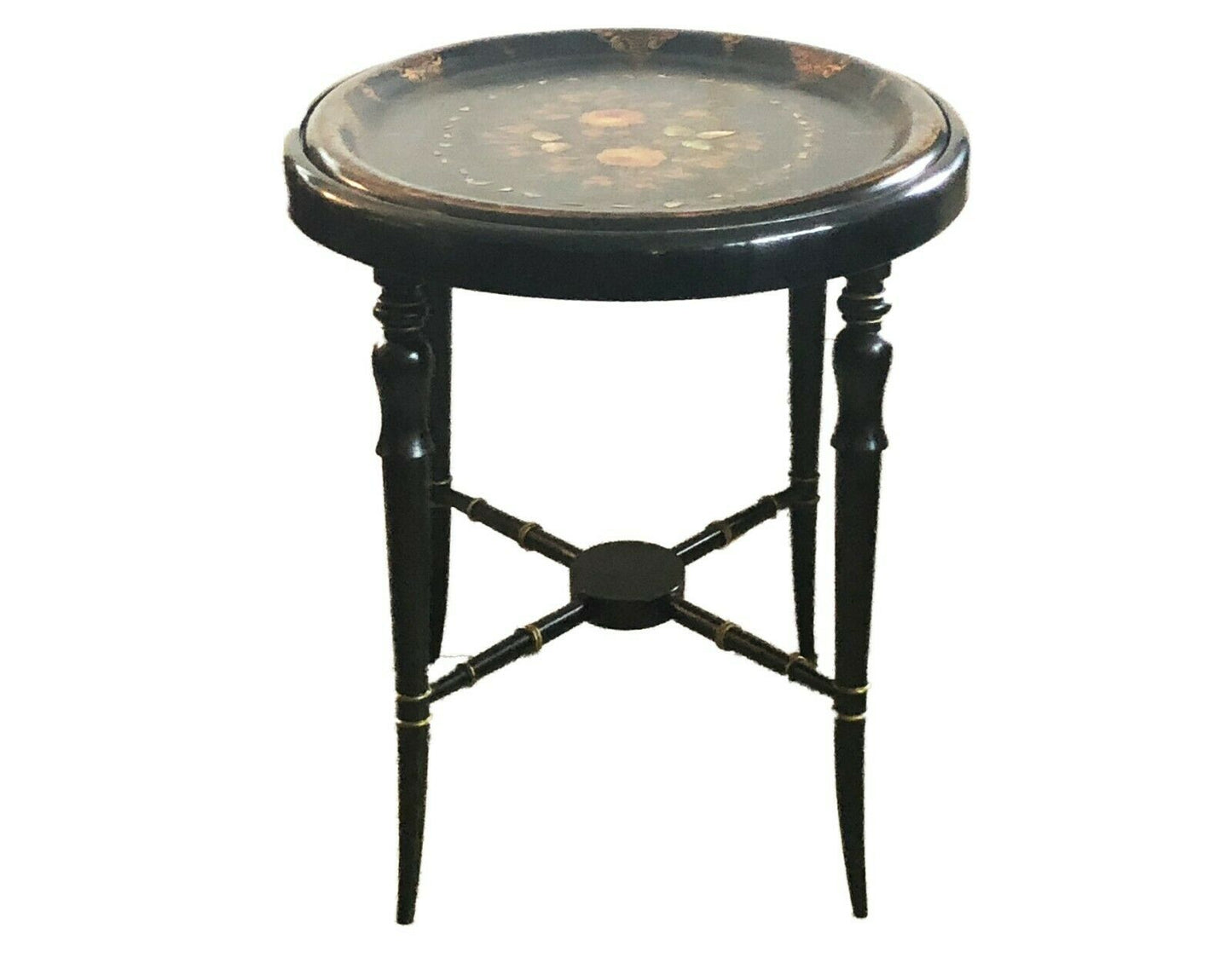 19th Papier Mâché Hand Painted Oval Tray Table W/ Mother of Pearl Inlay 22.5' H #525