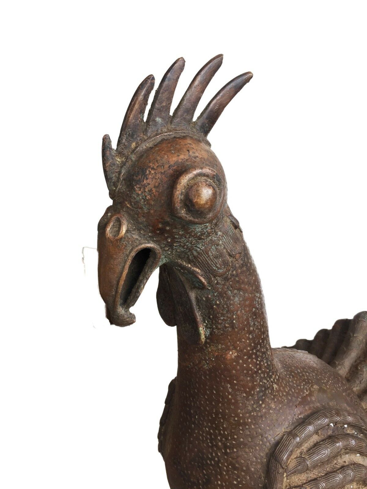 #1573 Huge Bronze AfricanTribal Benin Bronze Rooster 39.5" H