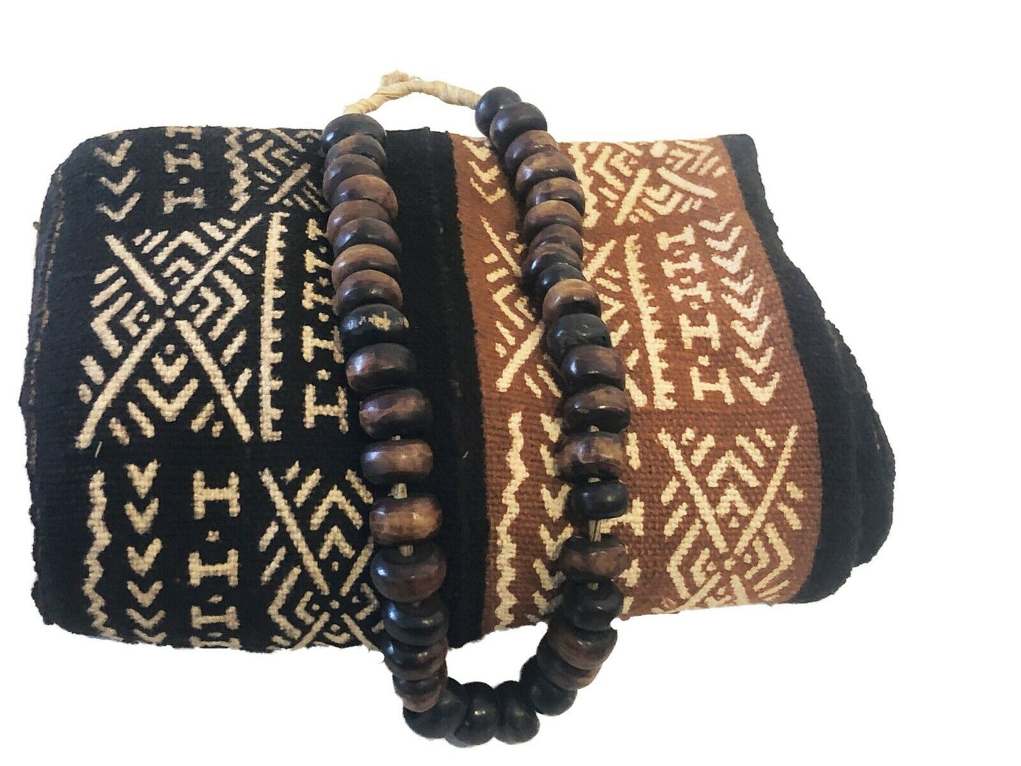 Superb Bogolan Mali Mud Cloth Textile W/ Bone Trade Beads 40" by 60" # 295
