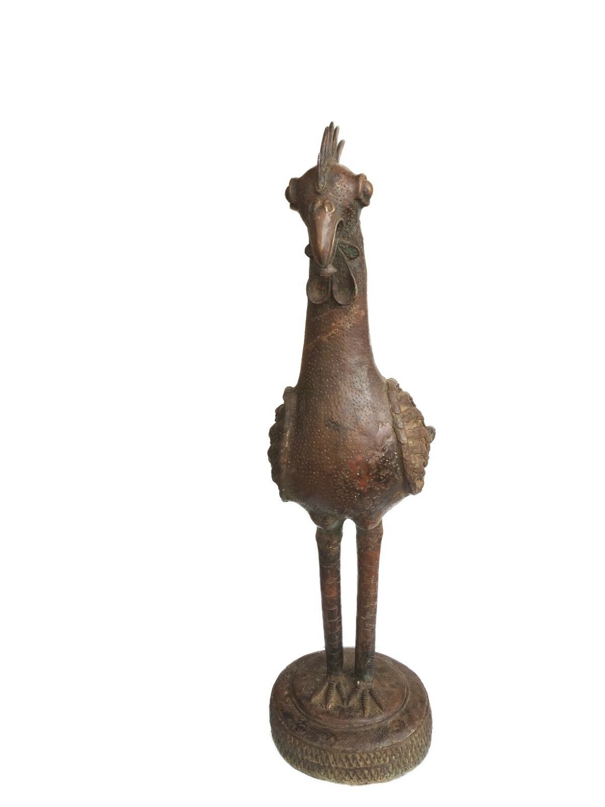 #1573 Huge Bronze AfricanTribal Benin Bronze Rooster 39.5" H