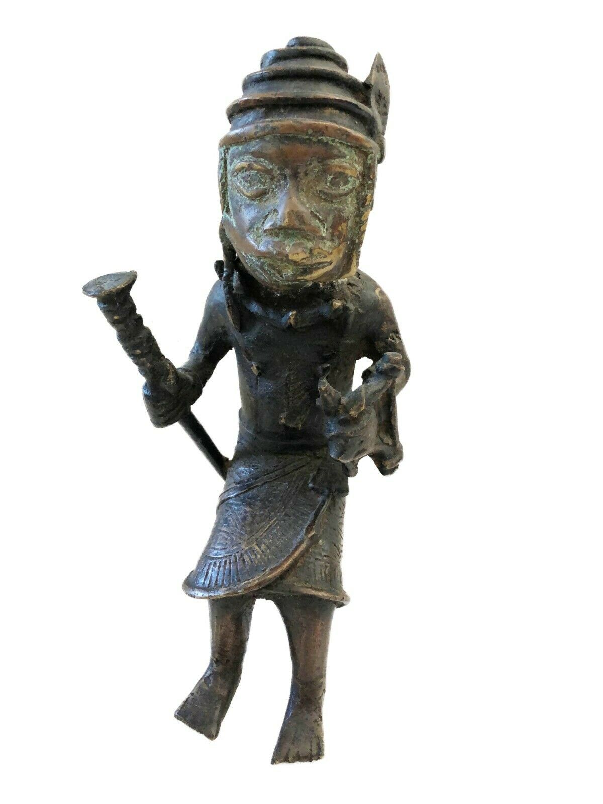 #90 Benin Bronze Oba King Soldier Musician Nigeria African 9" H by 5.25"