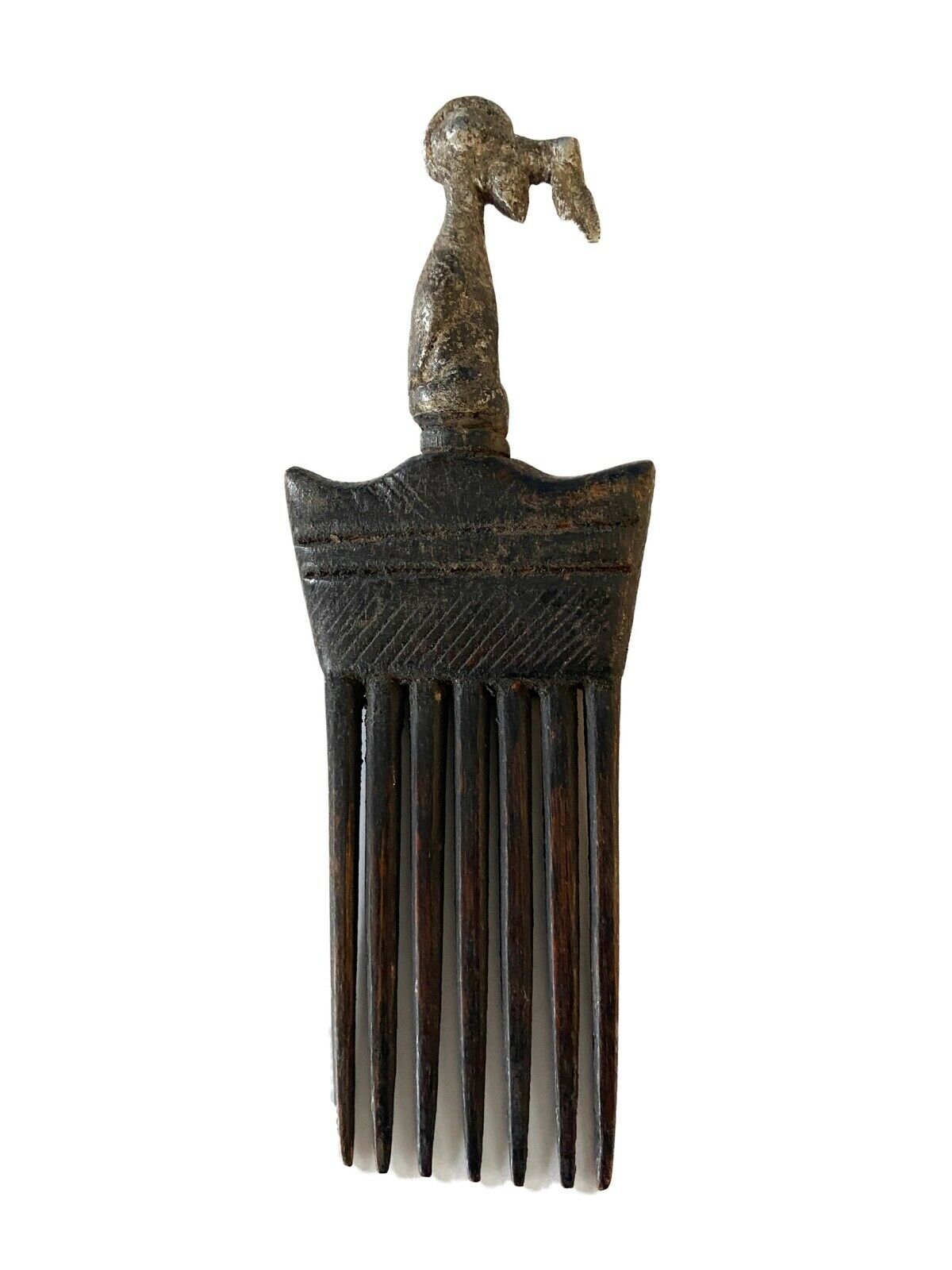 #917 African Baule I.Coast Comb W/ Aluminum Bird Head Sculpture 8 " h