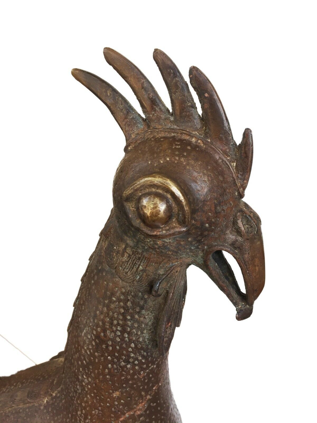 #1573 Huge Bronze AfricanTribal Benin Bronze Rooster 39.5" H