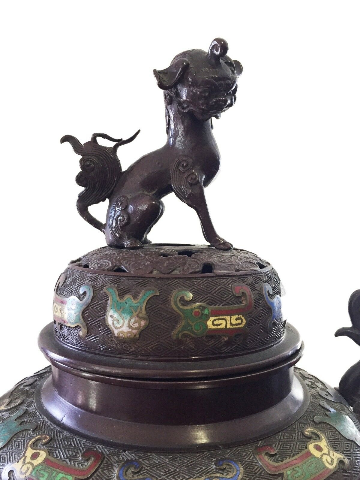 #1129 Superb 19th c Asian Enamel bronze Incense Burner w/Foo Dog 28" H