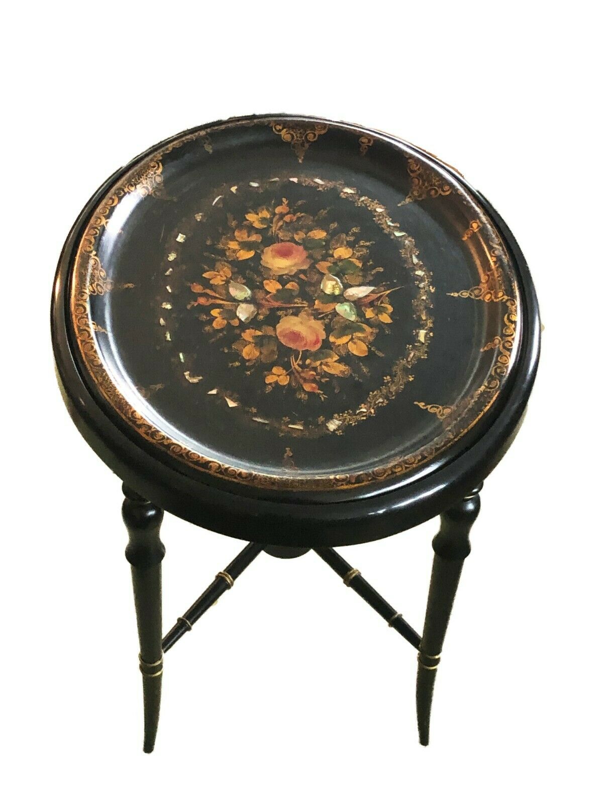 19th Papier Mâché Hand Painted Oval Tray Table W/ Mother of Pearl Inlay 22.5' H #525