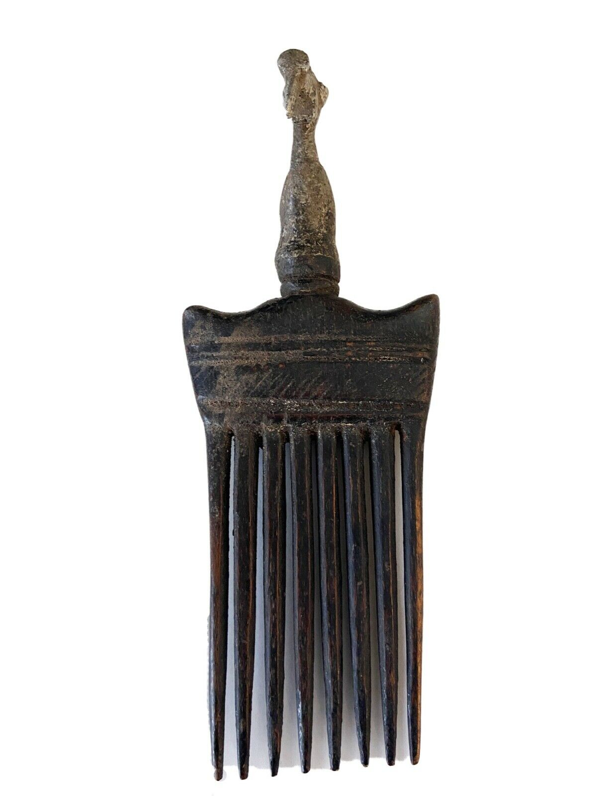 #919 African Baule I.Coast Comb W/ Aluminum Bird Head Sculpture 8 " h