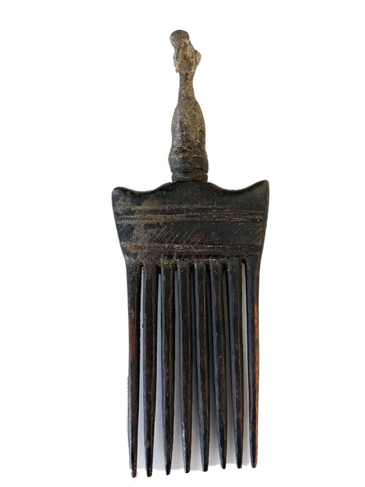 #919 African Baule I.Coast Comb W/ Aluminum  Bird Head Sculpture 8 " h
