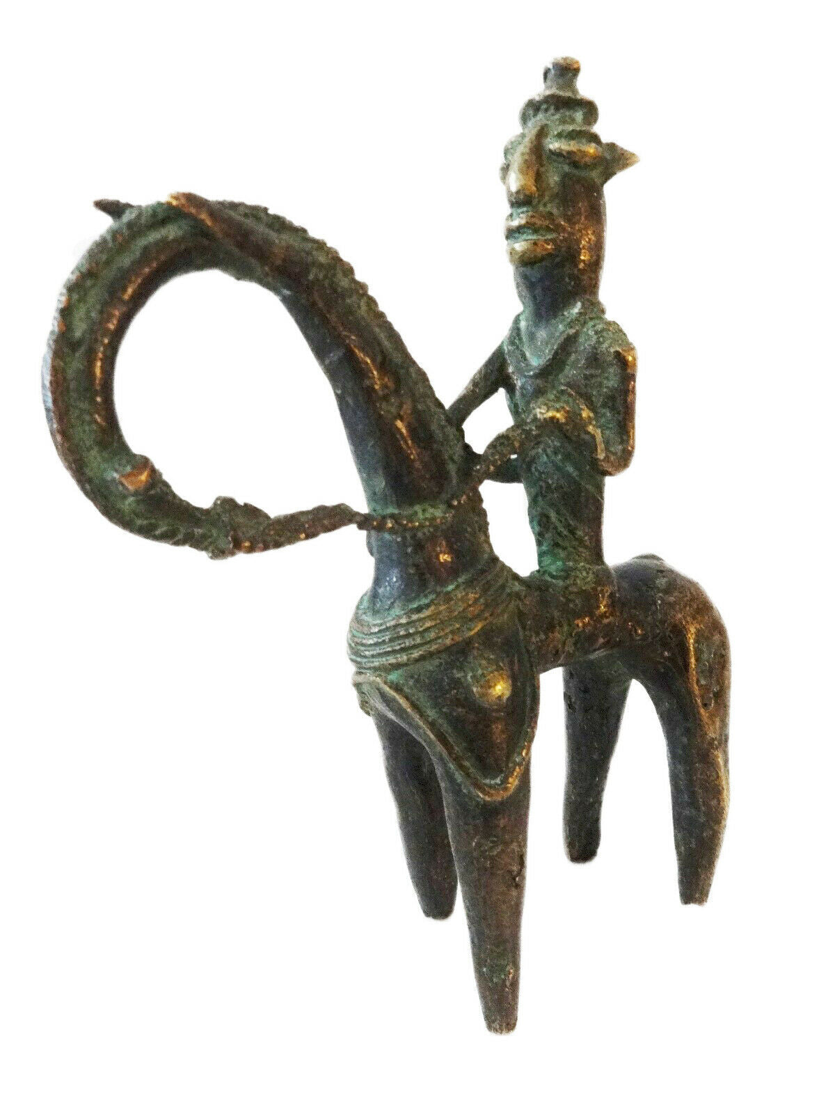#674 African Dogon Bronze Horseman Cast Handmade Mali 6" W by 7.25" H