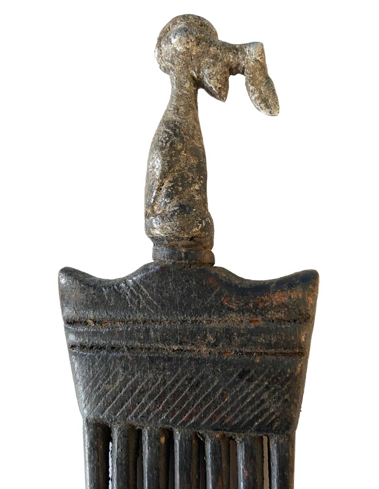 #917 African Baule I.Coast Comb W/ Aluminum Bird Head Sculpture 8 " h