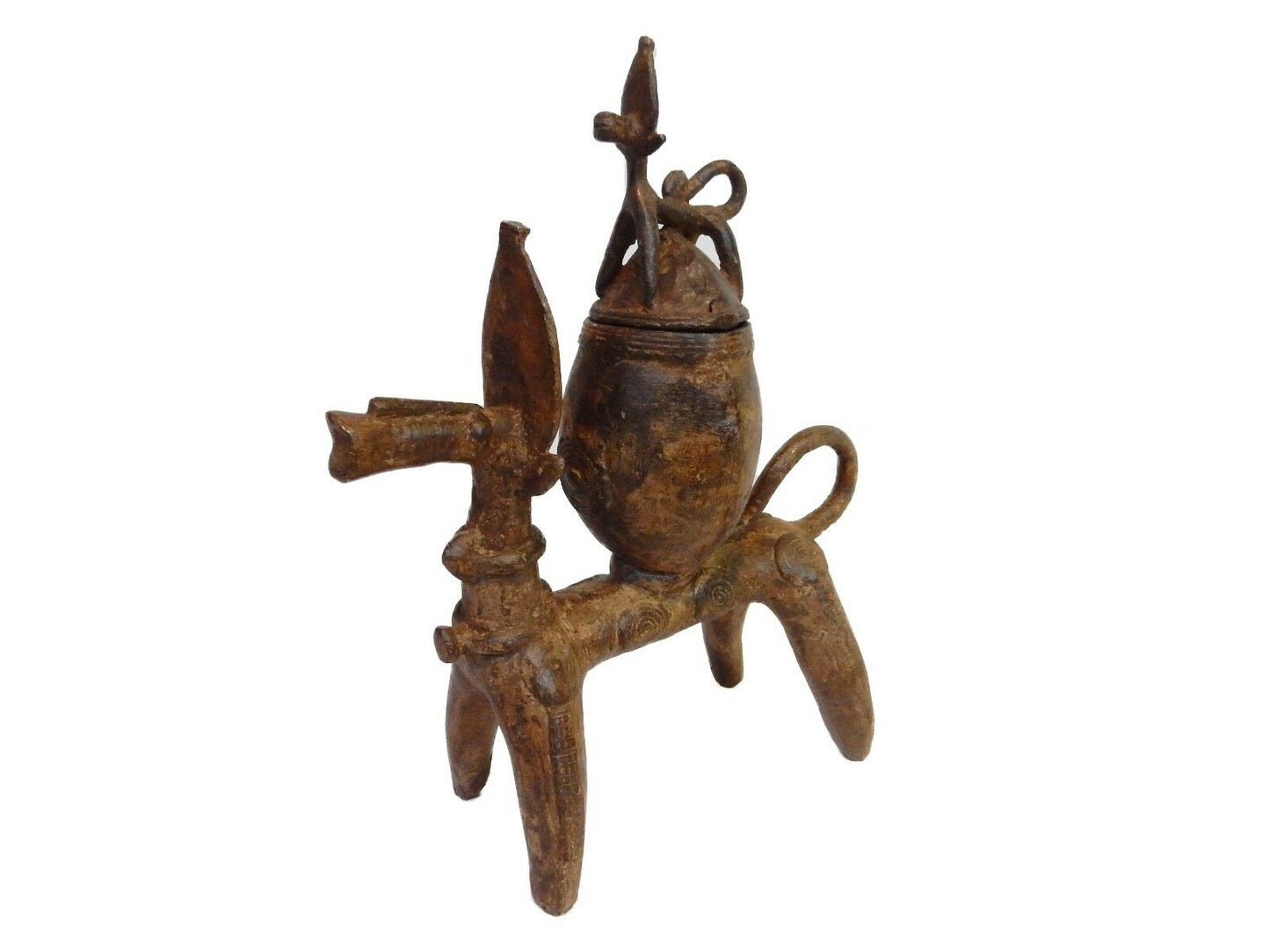 #132 Superb  Dogon Bronze Ceremonial Horse w/container  12.25" H by 9.75"W