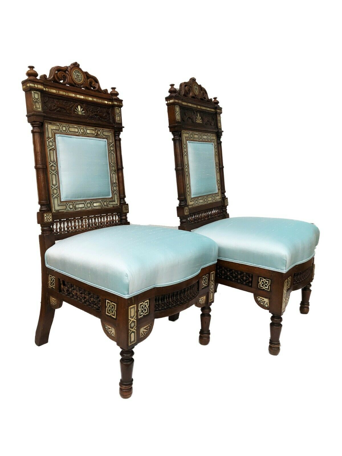 # 2155 Museum Quality 19th C Moorish/Middle Eastern Pair of chairs 41" H