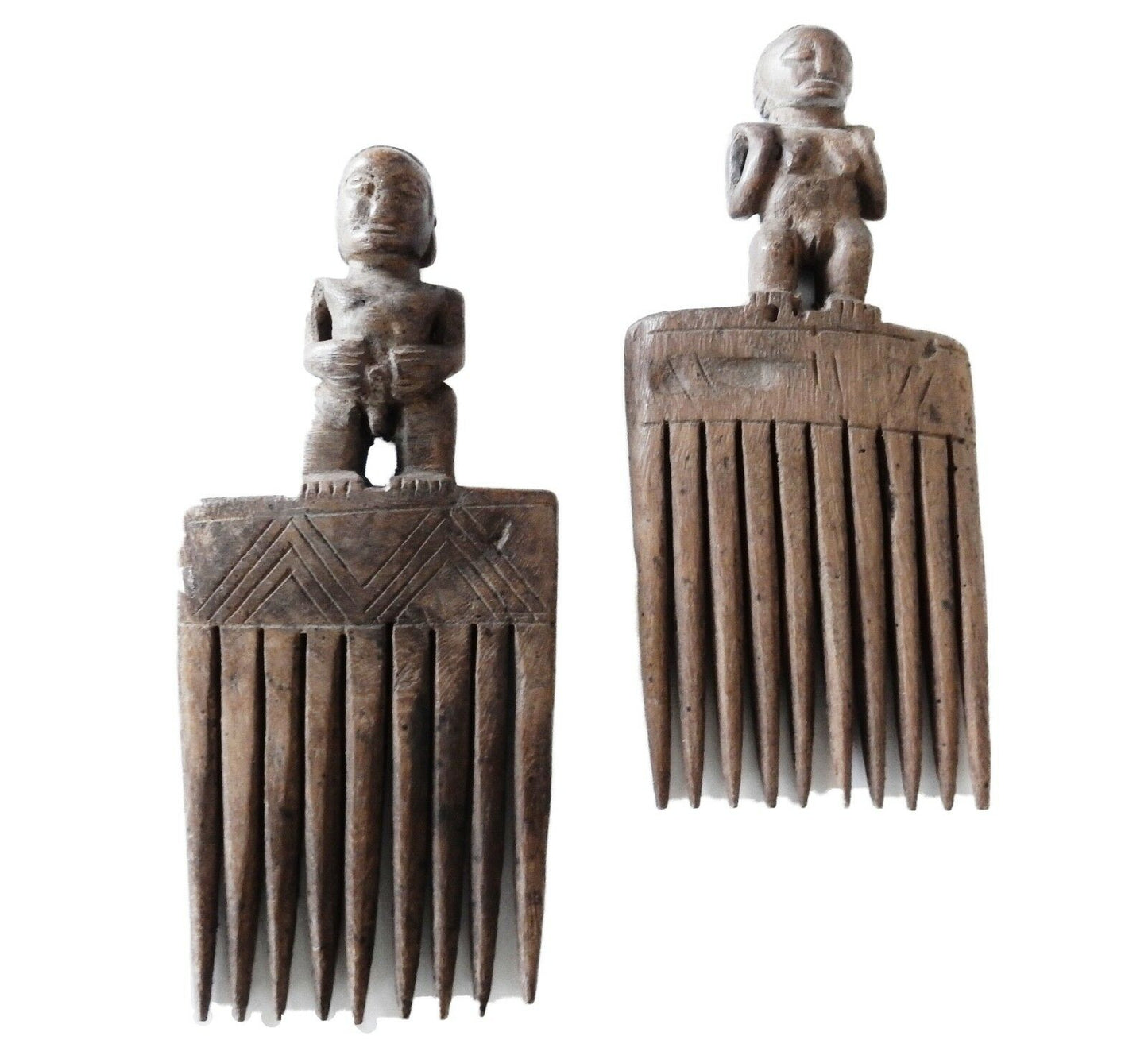 #510 African Old Baule I.Coast Combs W/ Female& Male  Sculptures.