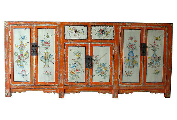 #2155 Superb Mongolian hand painted Elm Cabinet W/ Six Doors