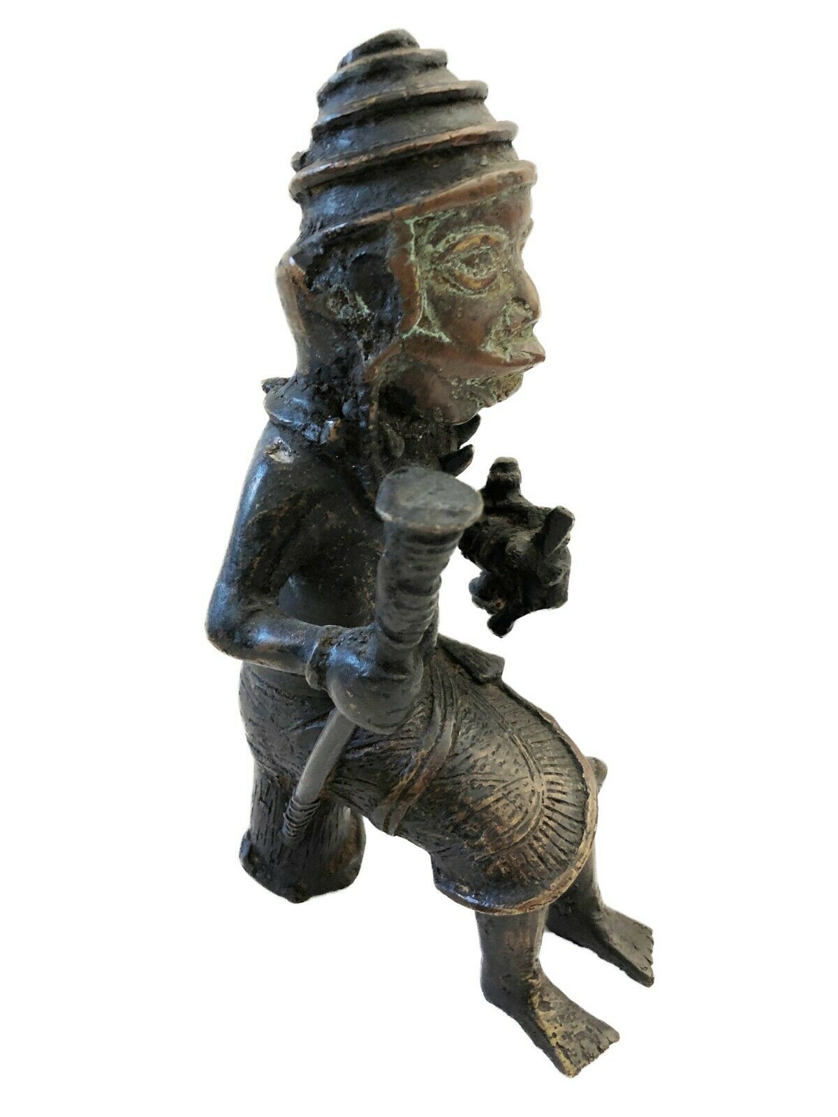 #90 Benin Bronze Oba King Soldier Musician Nigeria African 9" H by 5.25"
