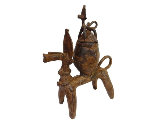 #132 Superb  Dogon Bronze Ceremonial Horse w/container  12.25" H by 9.75"W