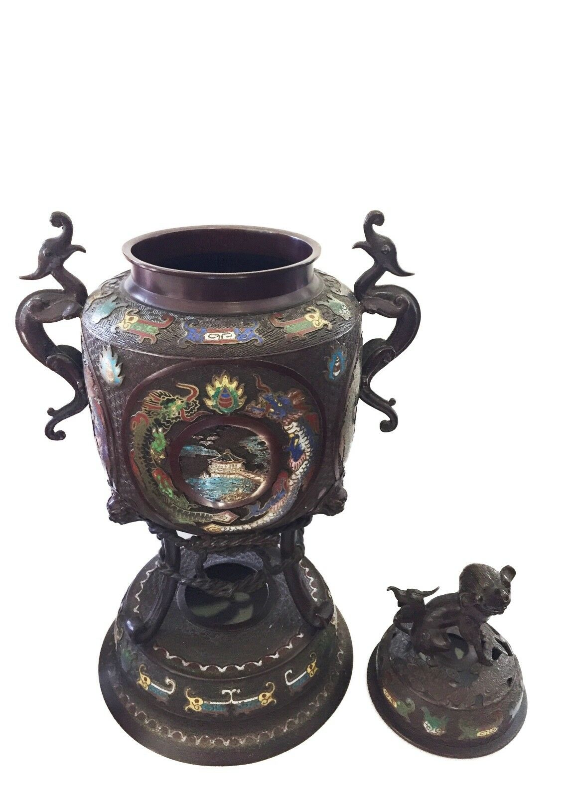 #1129 Superb 19th c Asian Enamel bronze Incense Burner w/Foo Dog 28" H