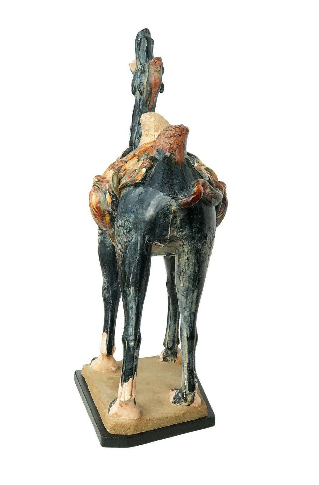 #389 Lg Chinese Tang-StyleTerracotta Camel on Wood Stand 26.5" H