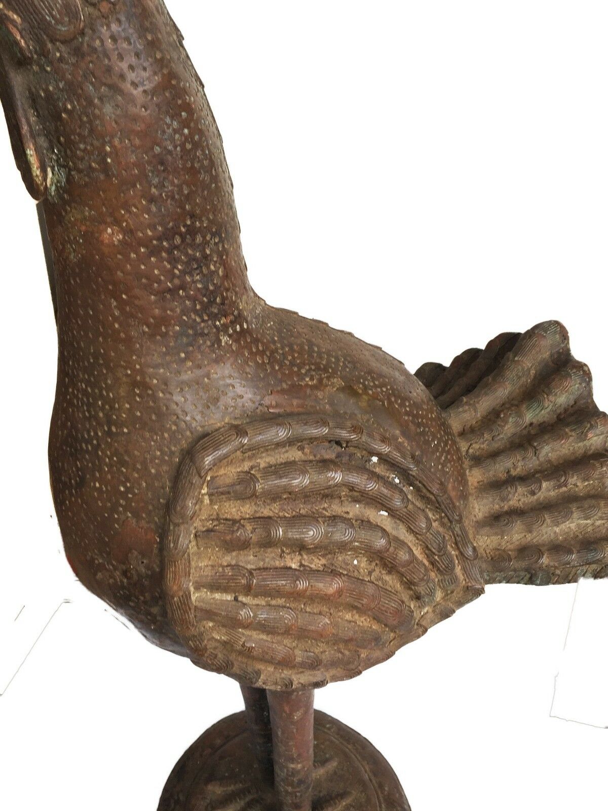 #1573 Huge Bronze AfricanTribal Benin Bronze Rooster 39.5" H