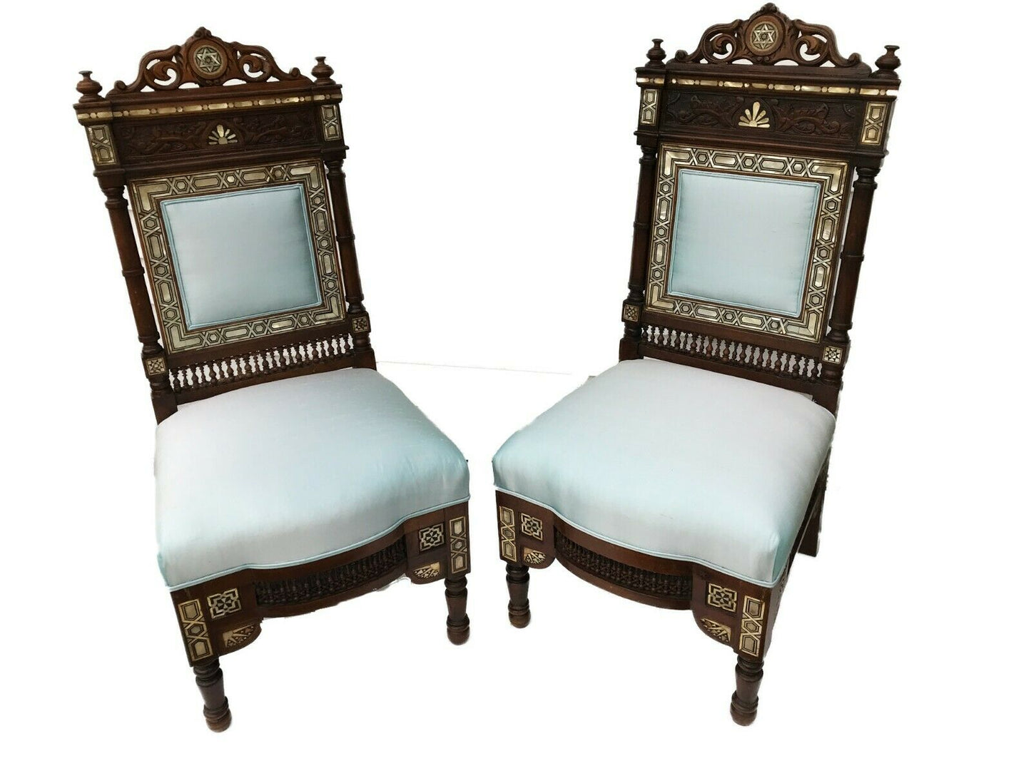 # 2155 Museum Quality 19th C Moorish/Middle Eastern Pair of chairs 41" H