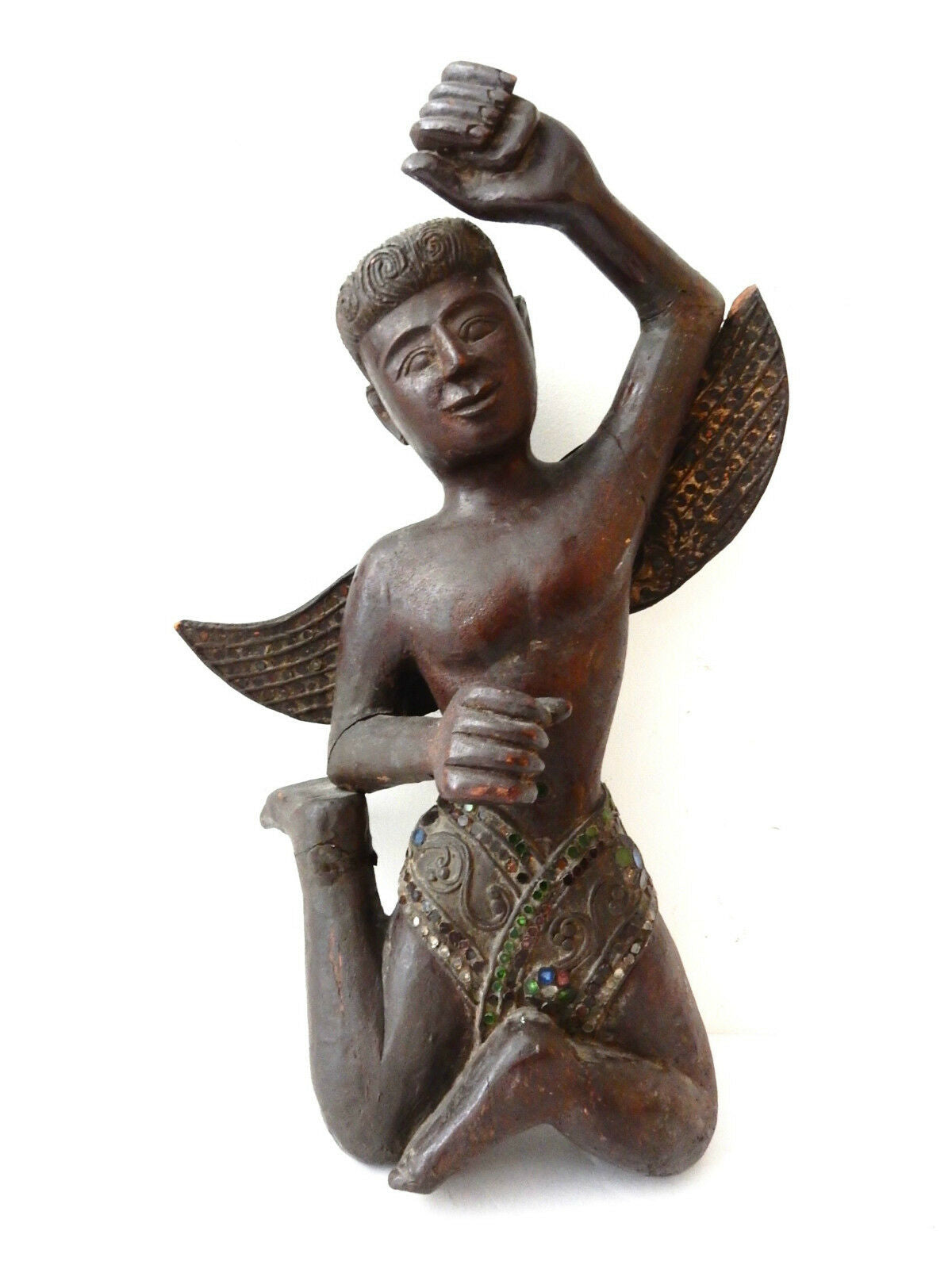 #2007 LG 19th Antique Carved Wood Thai Angel /Putt i/ Figure 22" H