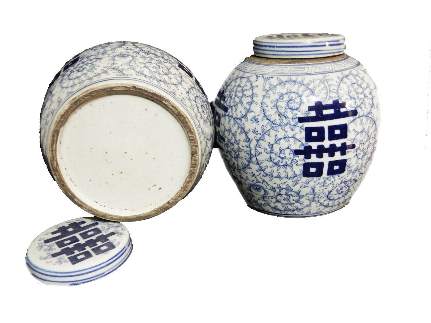 #254P Chinese Double Happiness Blue and White Porcelain Ginger Jars 9" H