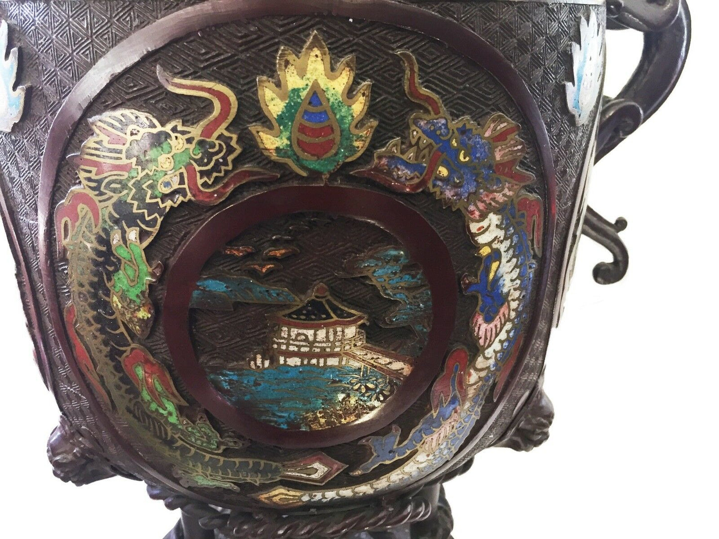 #1129 Superb 19th c Asian Enamel bronze Incense Burner w/Foo Dog 28" H