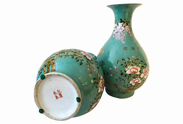 #702 Superb Pair of Chinese Famille Rose Porcelain Shaped Vases S/2 17 " H