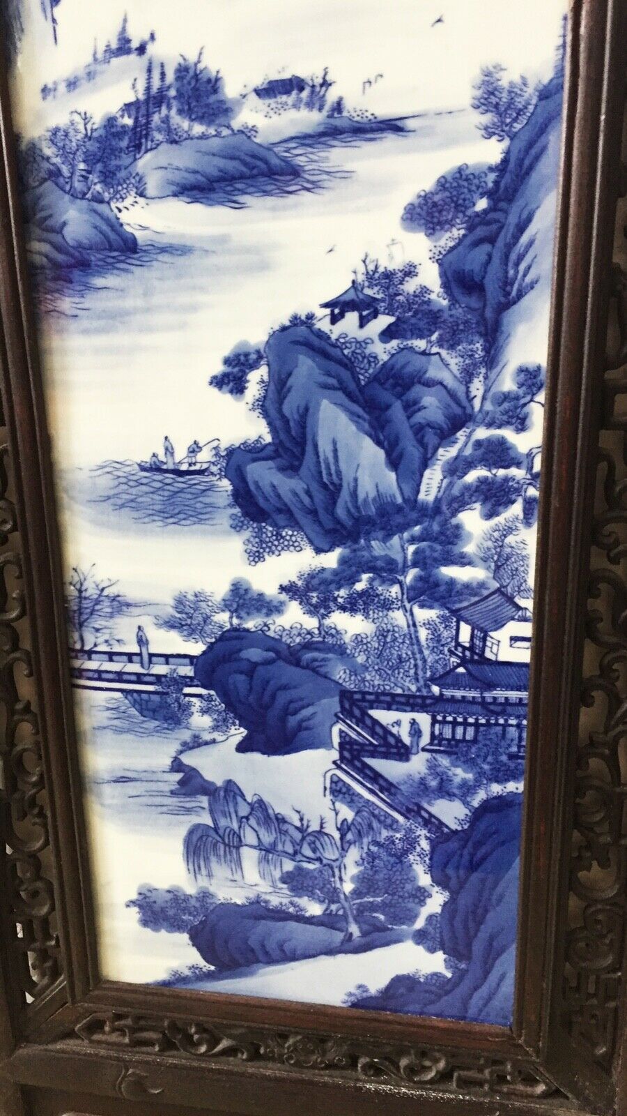 #2063 Superb LG Chinese Blue and White Porcelain Wood Panel 47" H