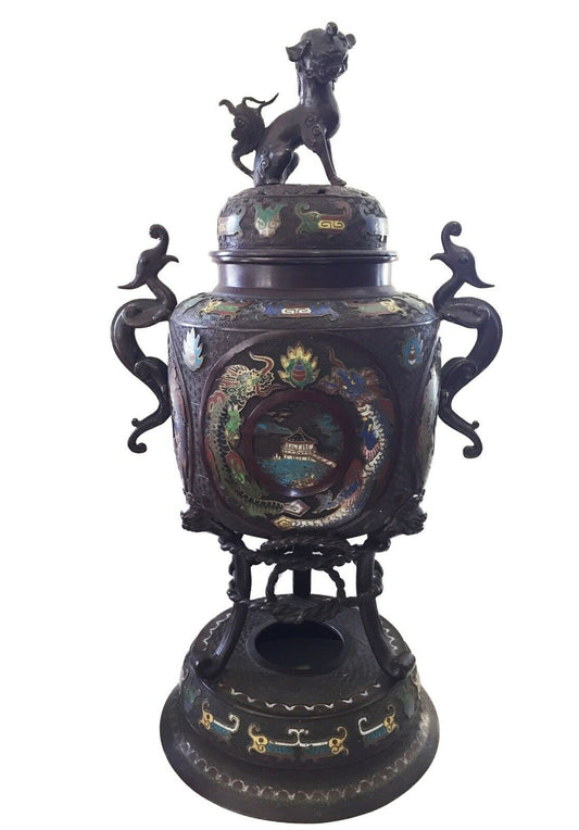 #1129 Superb 19th c Asian Enamel bronze Incense Burner w/Foo Dog 28" H
