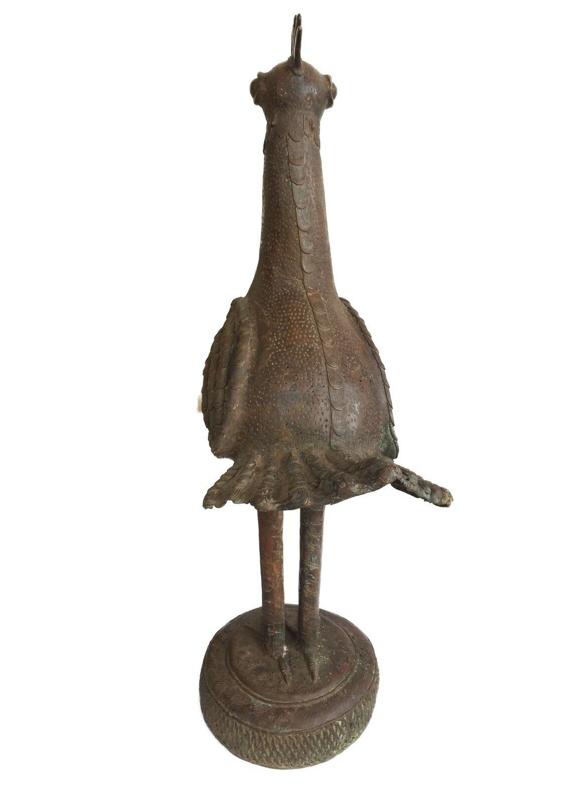 #1573 Huge Bronze AfricanTribal Benin Bronze Rooster 39.5" H