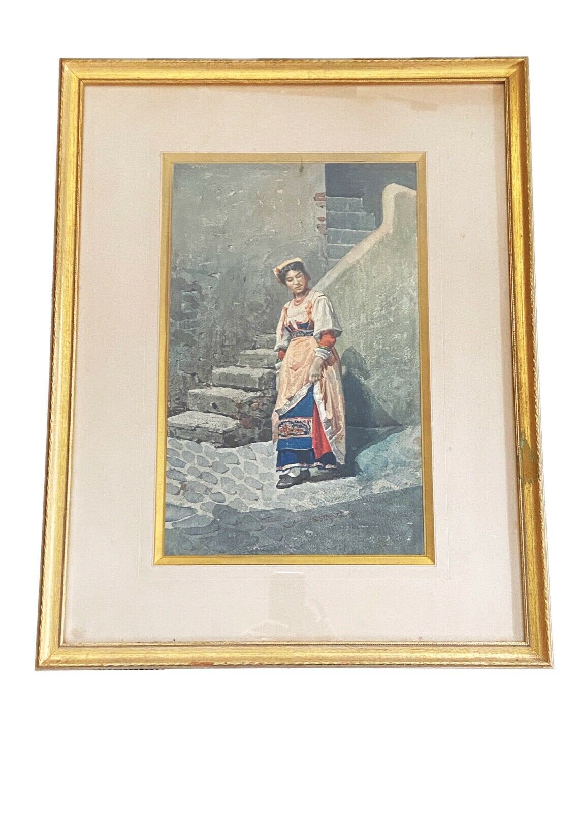 #904 19th Italian Water Color Aquarelle Painting of a Peasant Framed 26.25" H by 20.7 #904