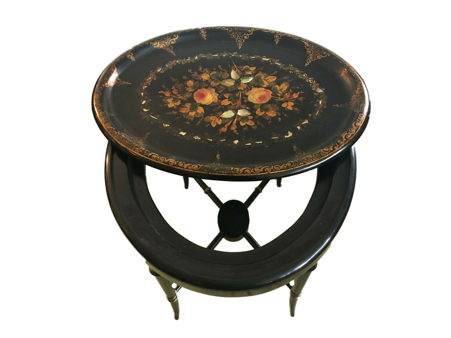 19th Papier Mâché Hand Painted Oval Tray Table W/ Mother of Pearl Inlay 22.5' H #525