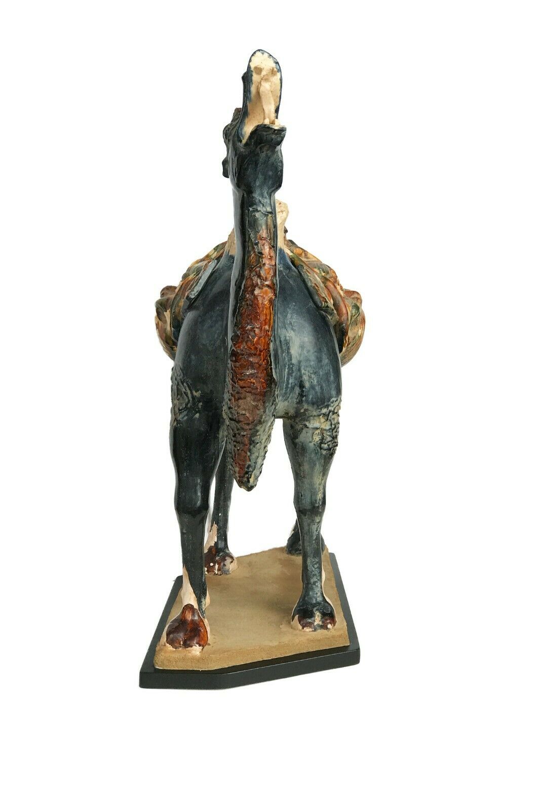 #389 Lg Chinese Tang-StyleTerracotta Camel on Wood Stand 26.5" H