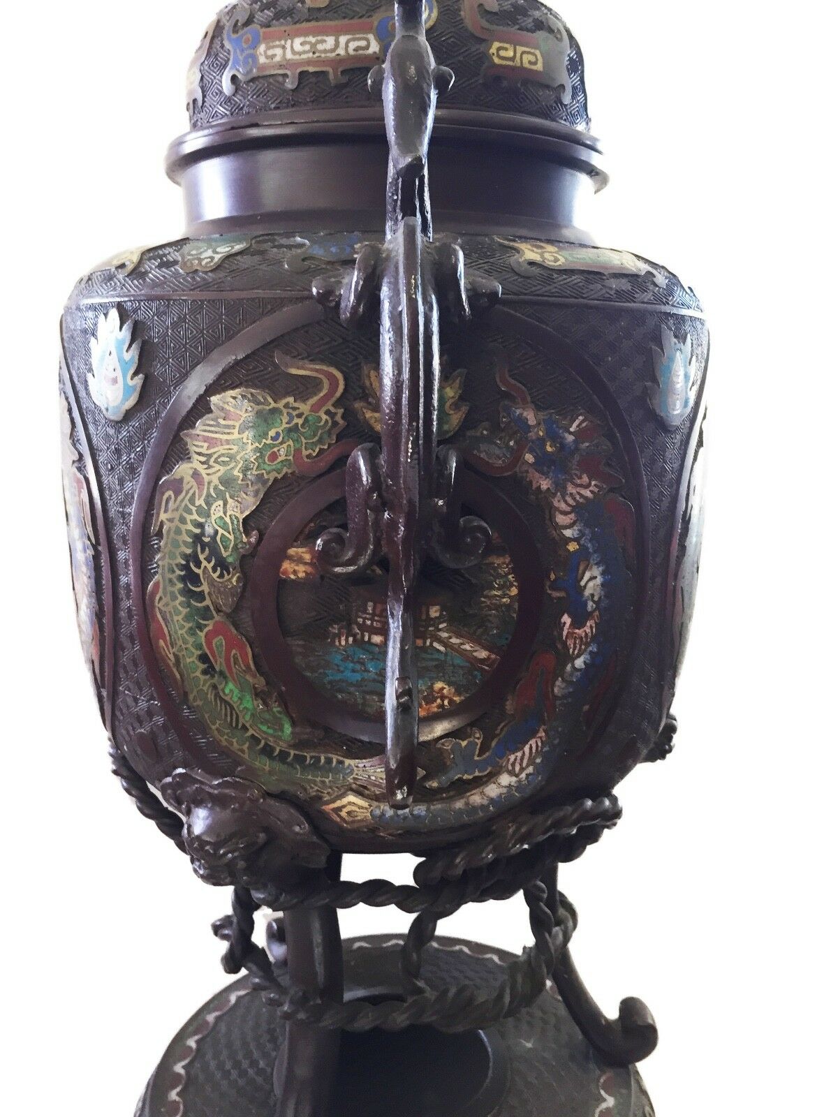 #1129 Superb 19th c Asian Enamel bronze Incense Burner w/Foo Dog 28" H