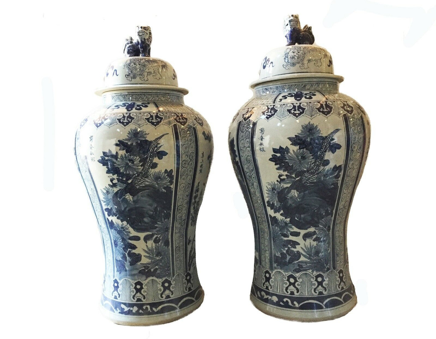 #929 Mansion Size Chinoiserie B & W Porcelain Ginger Jars - a Pair 47" H
