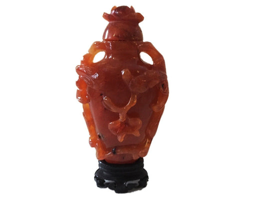 #671 Chinese Old Carved Carnelian Agate Urn / Snuff  Bottle 4.25' H