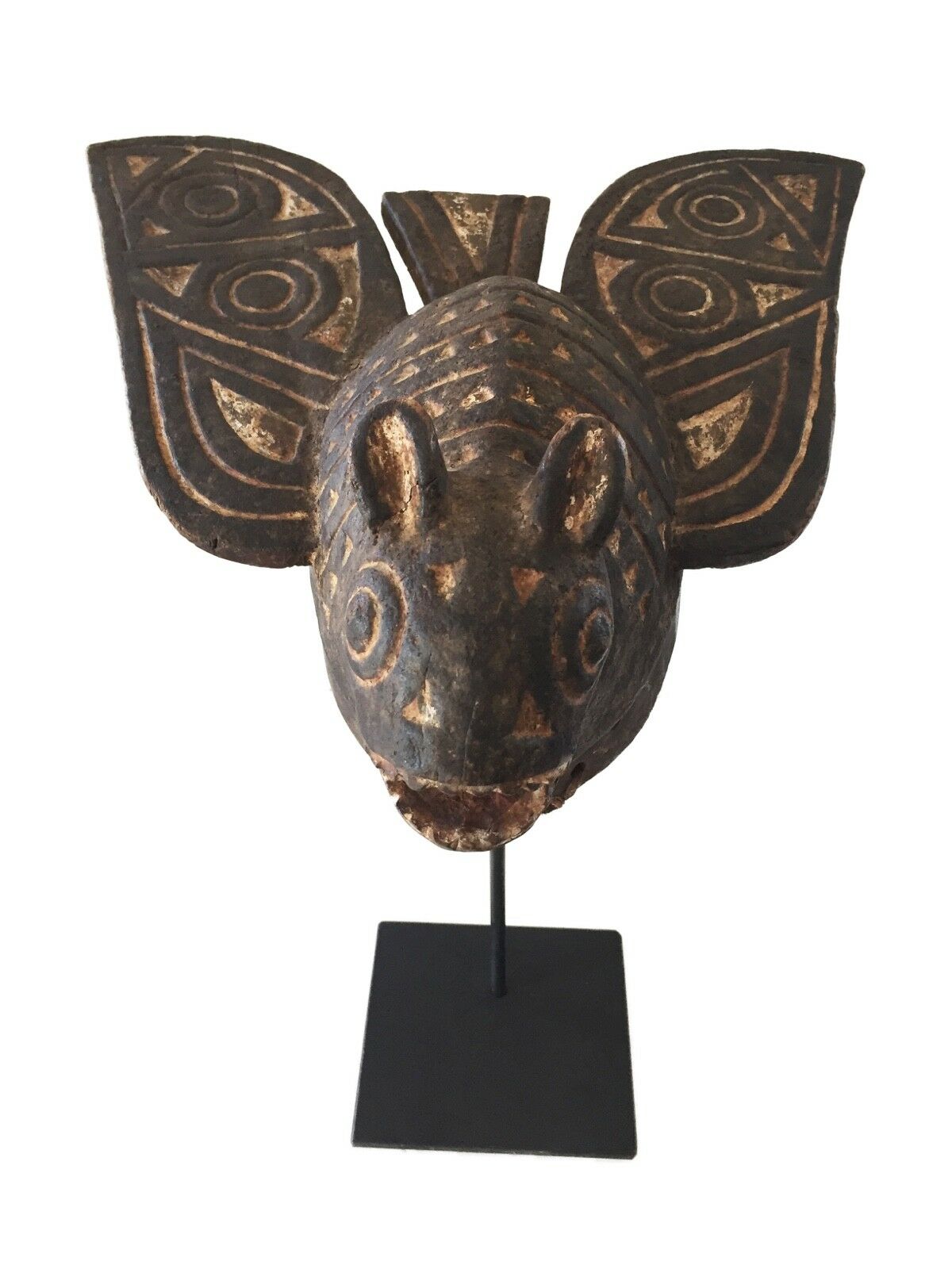 #1774 Old Exquisite /Rare Mossi Bat Helmet / Mask Burkina Faso 19" H W/Stand
