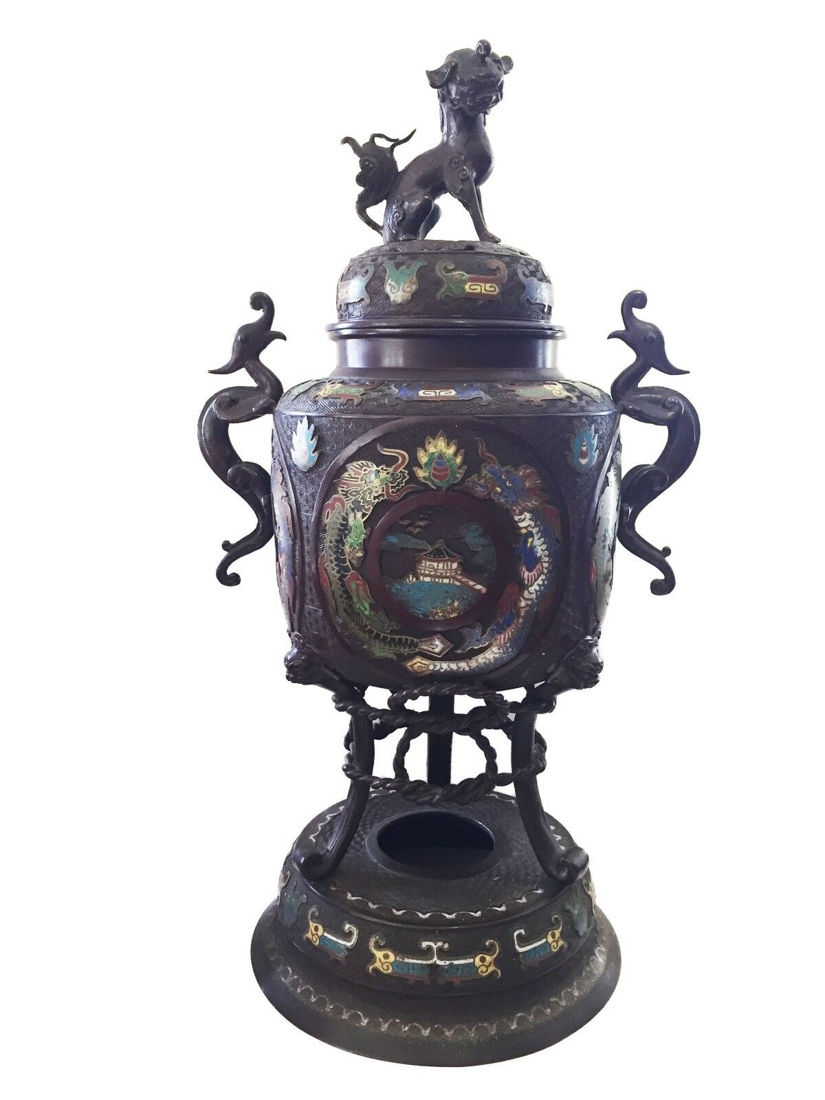 #1129 Superb 19th c Asian Enamel bronze Incense Burner w/Foo Dog 28" H