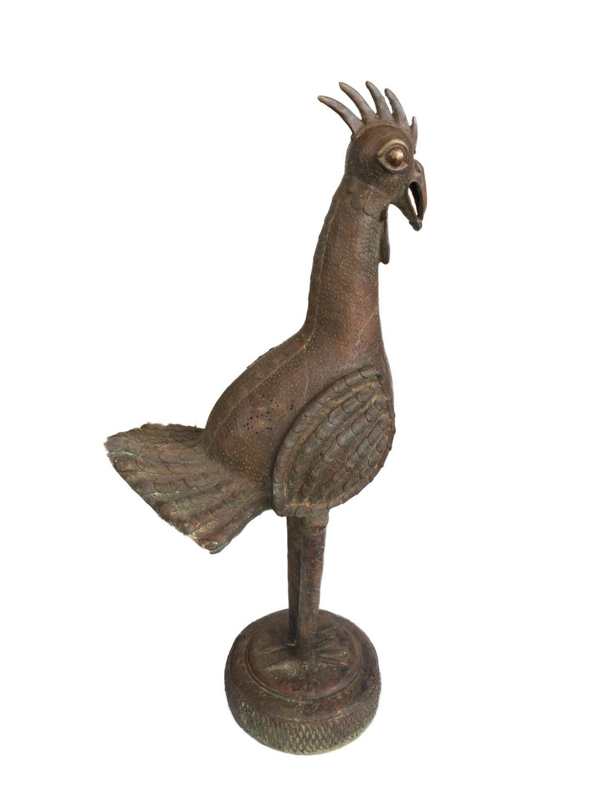 #1573 Huge Bronze AfricanTribal Benin Bronze Rooster 39.5" H