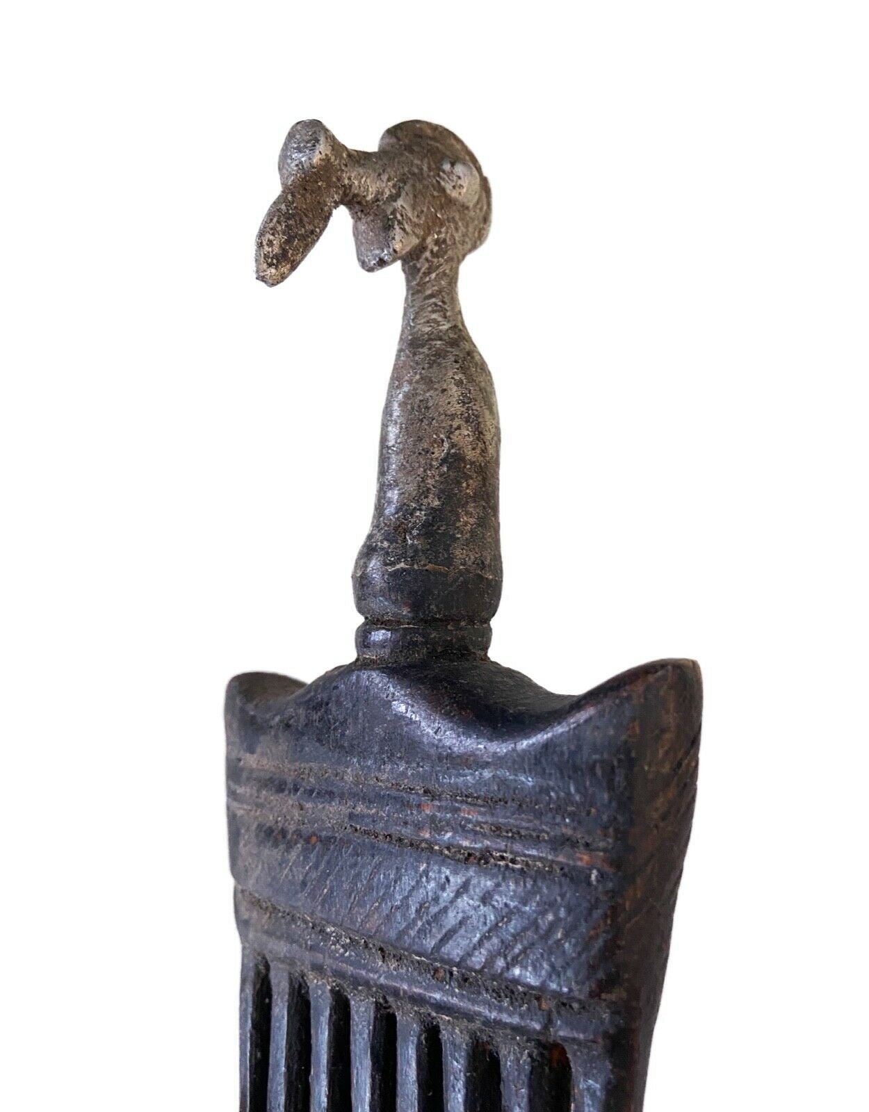 #919 African Baule I.Coast Comb W/ Aluminum Bird Head Sculpture 8 " h