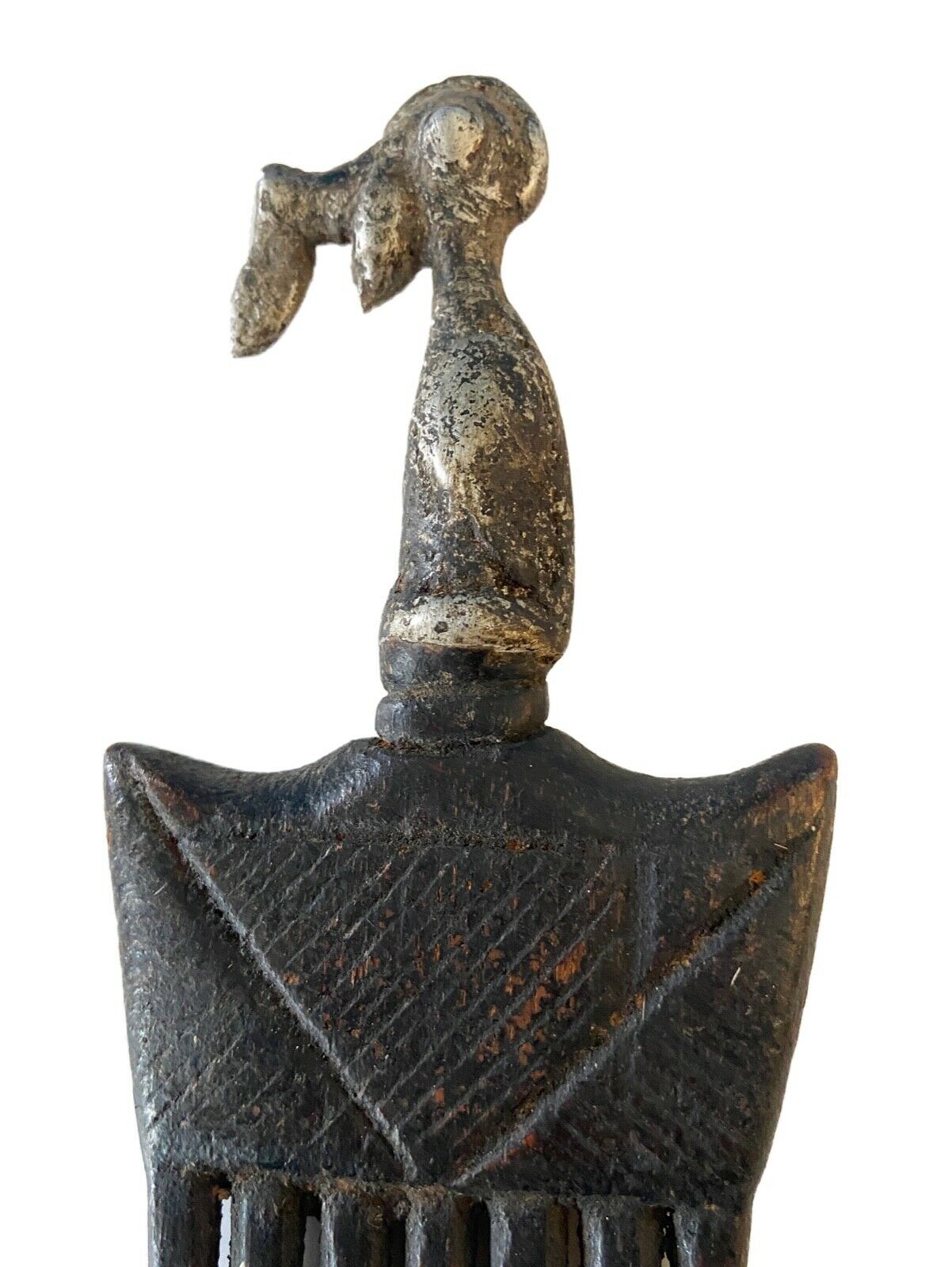 #917 African Baule I.Coast Comb W/ Aluminum Bird Head Sculpture 8 " h