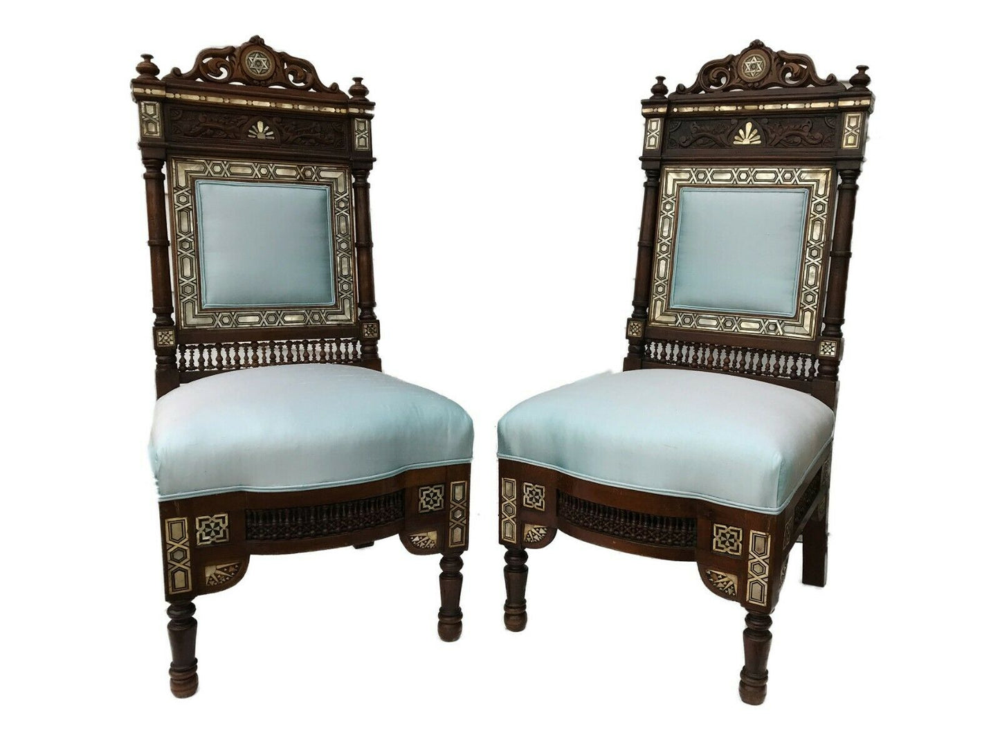 # 2155 Museum Quality 19th C Moorish/Middle Eastern Pair of chairs 41" H