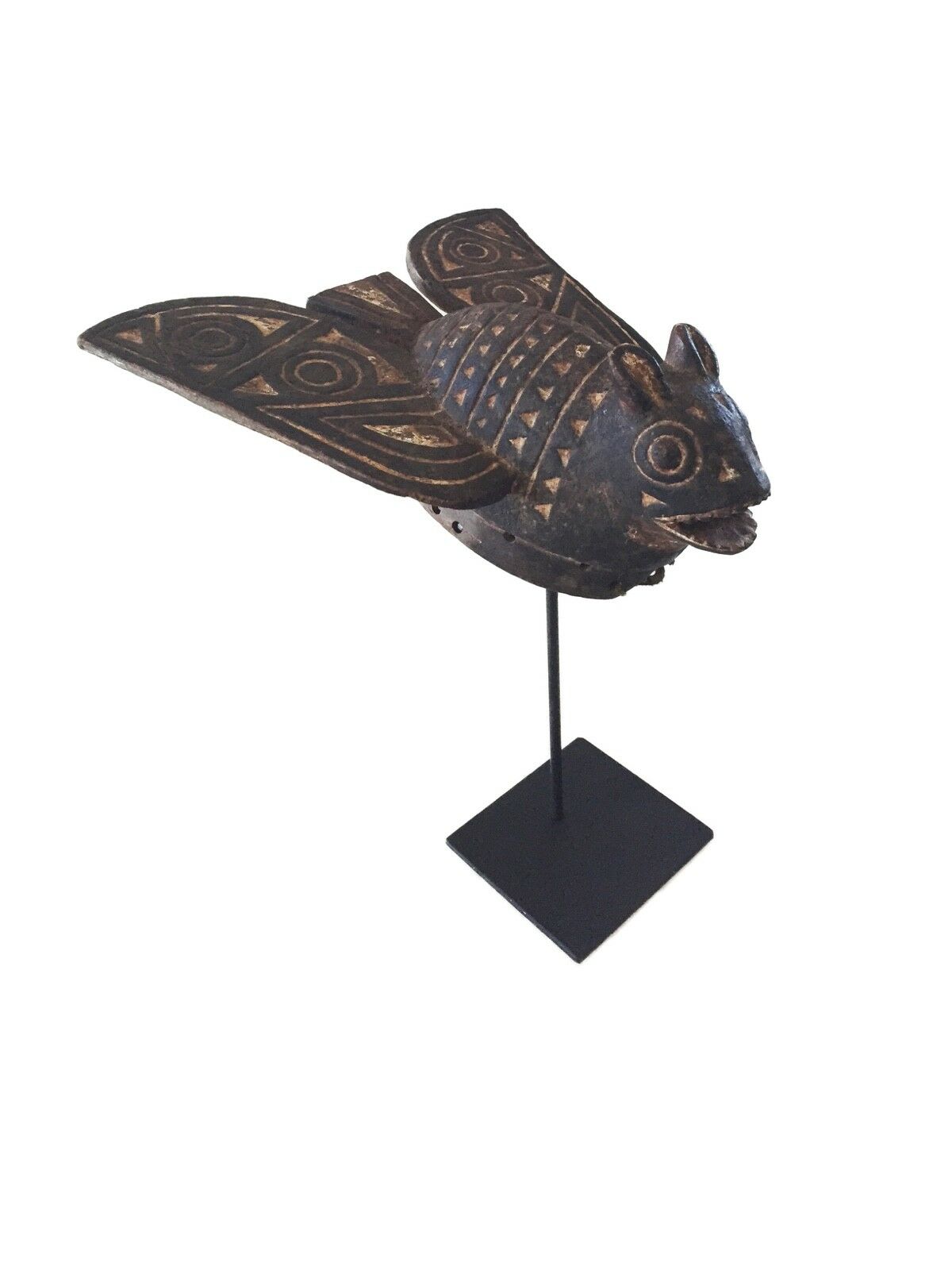 #1774 Old Exquisite /Rare Mossi Bat Helmet / Mask Burkina Faso 19" H W/Stand
