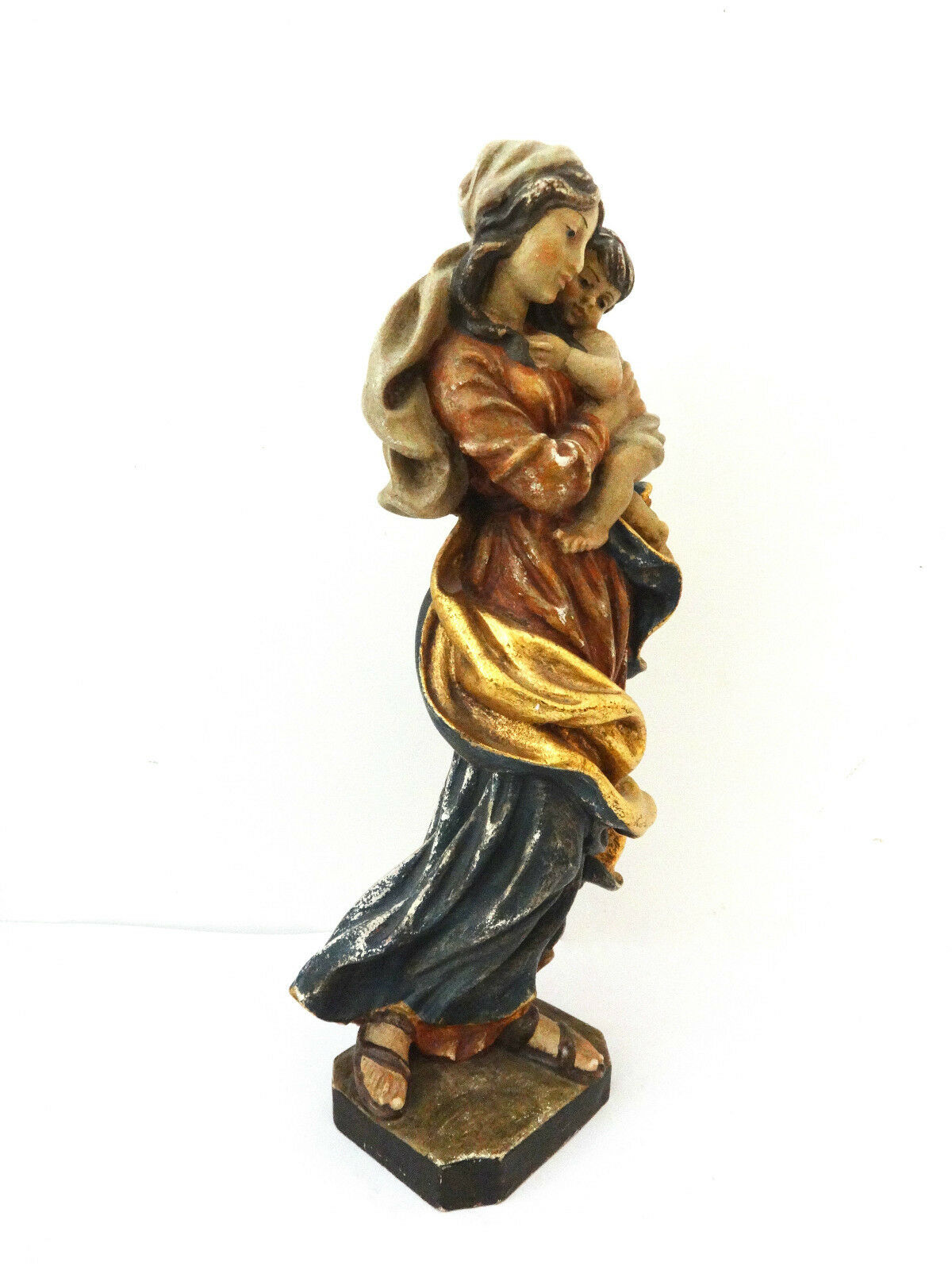 Superb European Antique Santos Madona /Virgen Mary Holding Baby Jesus19.5" H