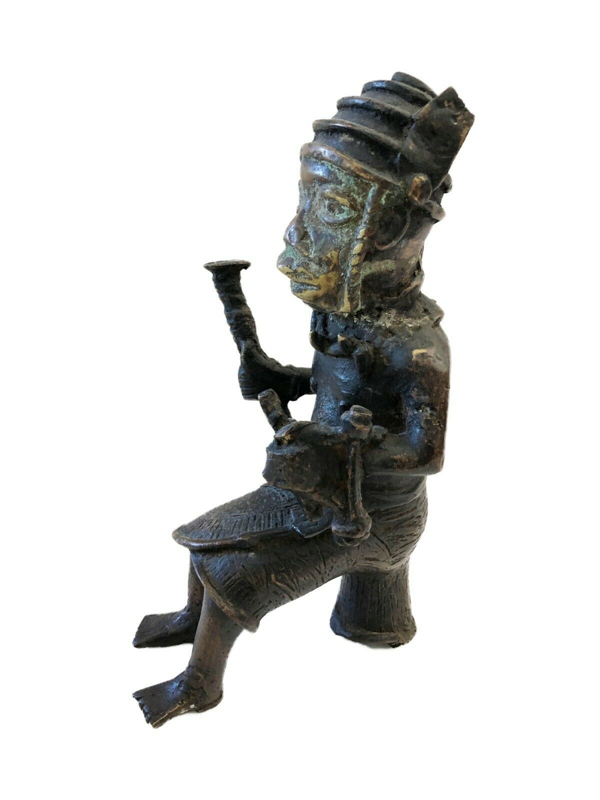 #90 Benin Bronze Oba King Soldier Musician Nigeria African 9" H by 5.25"